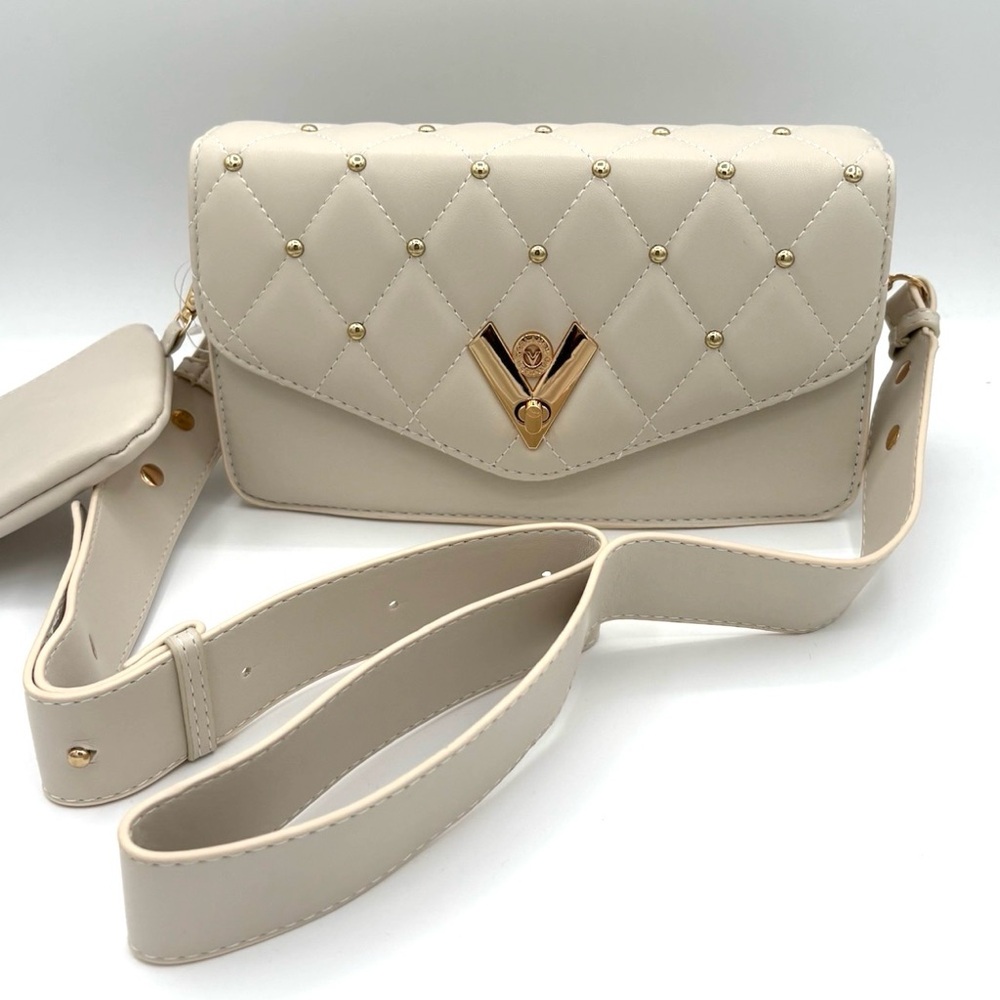 Valentino Orlandi Medium Bone Quilted Studded Crossbody Bag with Mini Pouch NWT